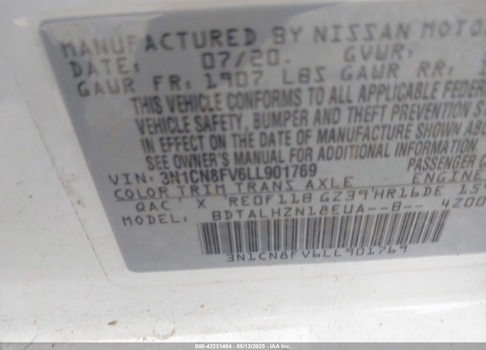 2020 NISSAN VERSA SR XTRONIC CVT VIN: 3N1CN8FV6LL901769