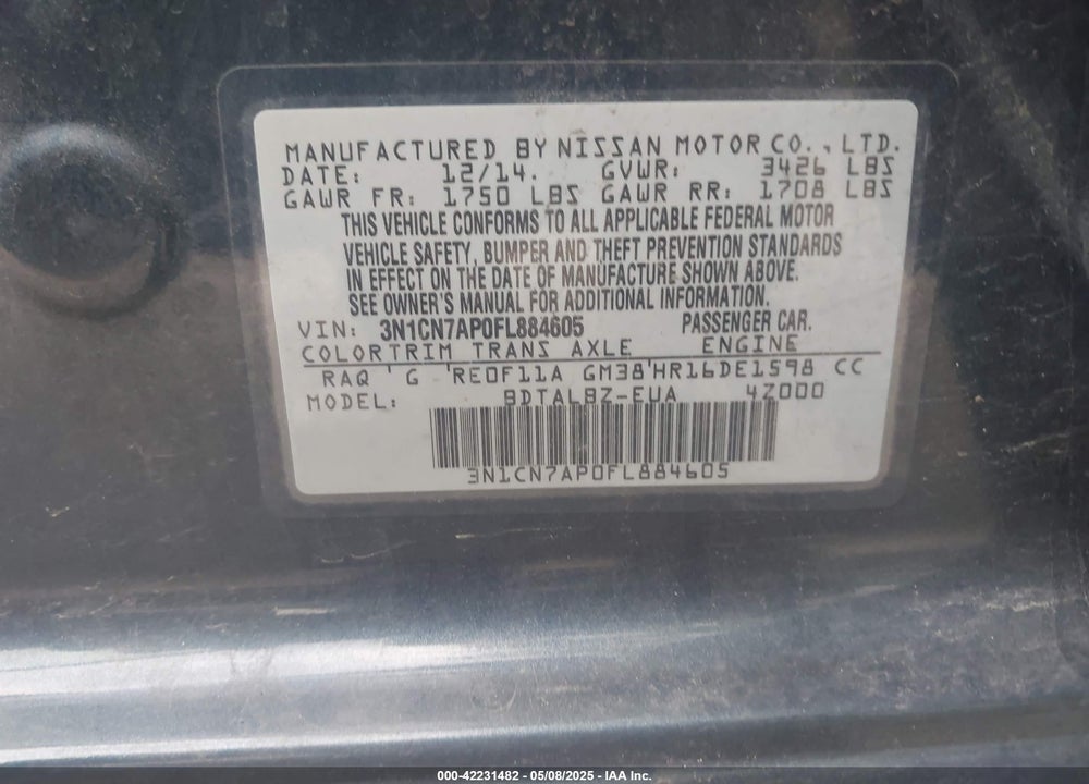 2015 NISSAN VERSA VIN: 3N1CN7AP0FL884605