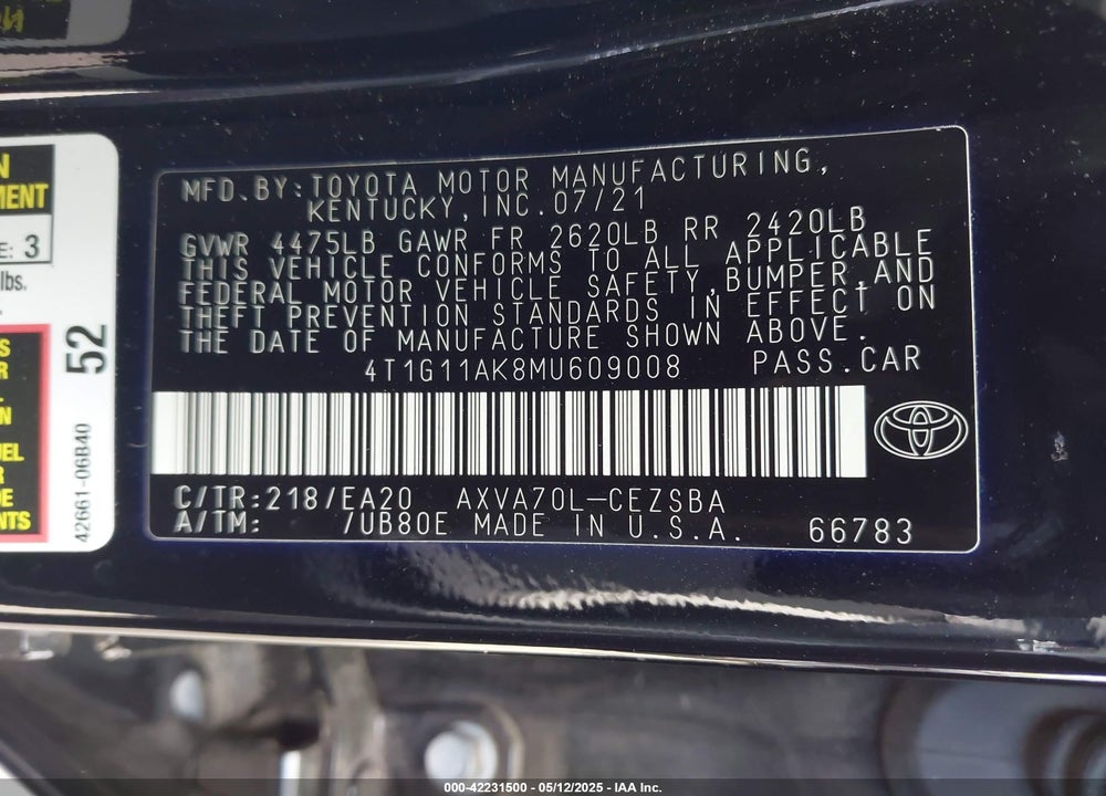 2021 TOYOTA CAMRY SE VIN: 4T1G11AK8MU609008
