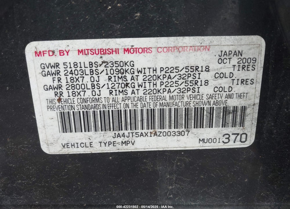 2010 MITSUBISHI OUTLANDER VIN: JA4JT5AX1AZ003307