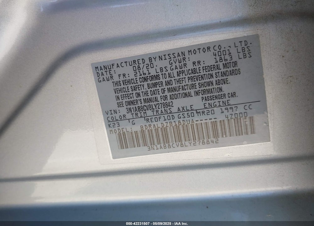 2020 NISSAN SENTRA SV XTRONIC CVT VIN: 3N1AB8CV8LY278842