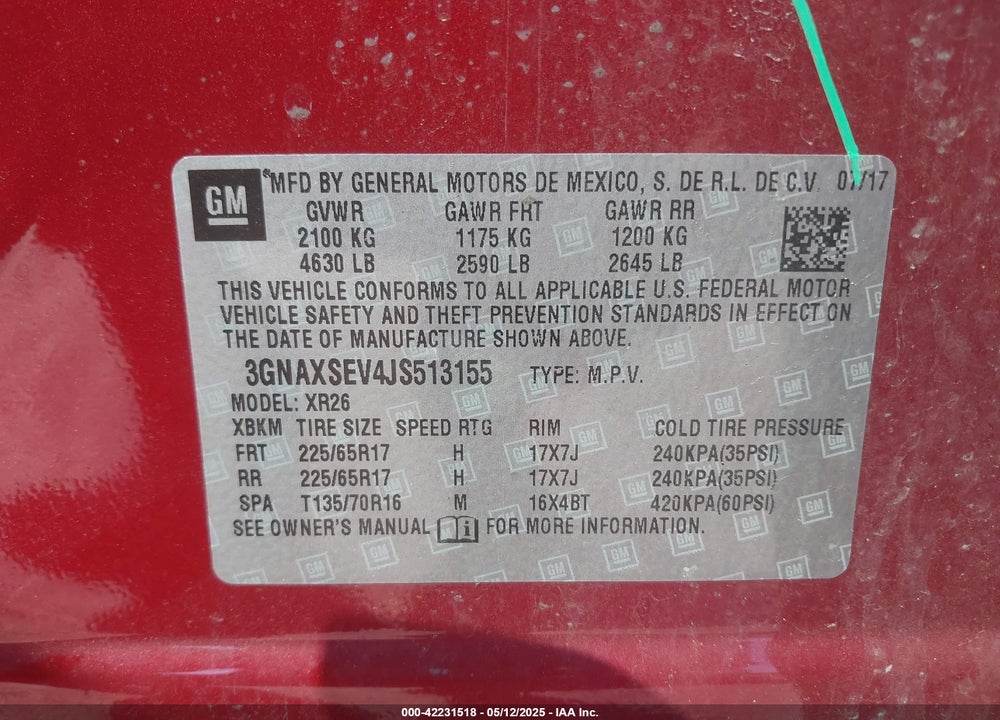 2018 CHEVROLET EQUINOX LT VIN: 3GNAXSEV4JS513155