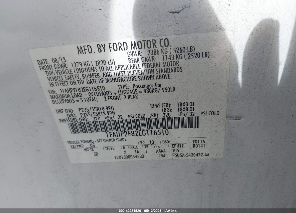 2014 FORD TAURUS VIN: 1FAHP2E82EG116510