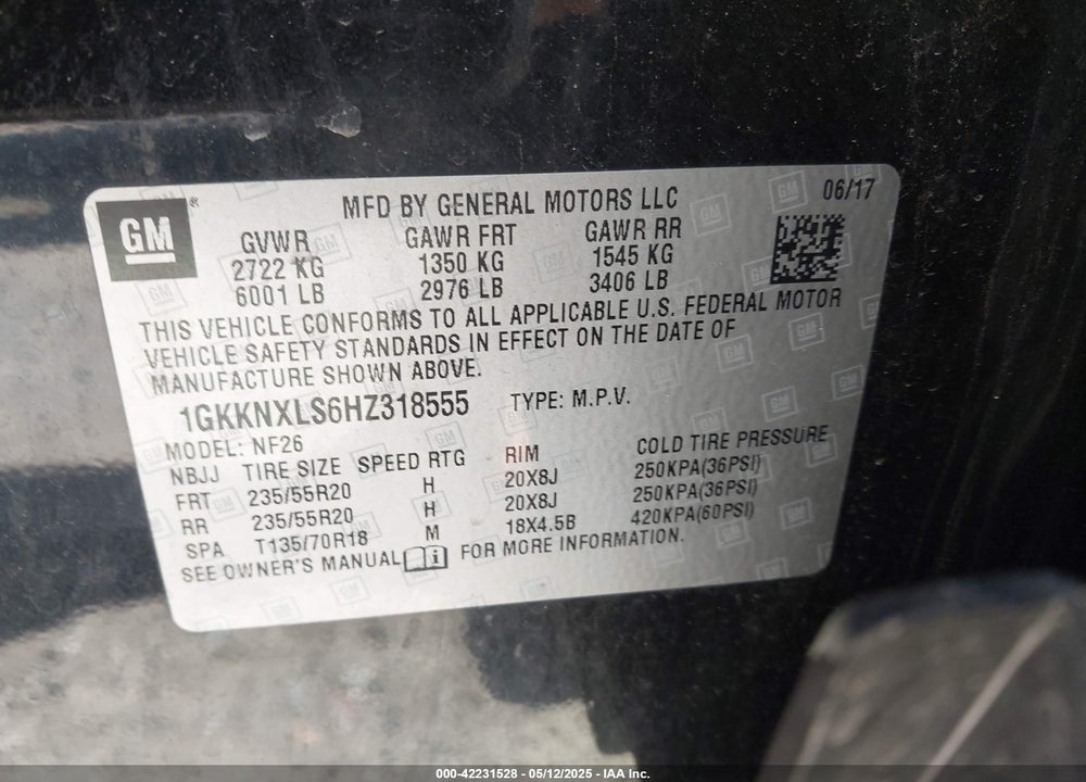2017 GMC ACADIA VIN: 1GKKNXLS6HZ318555