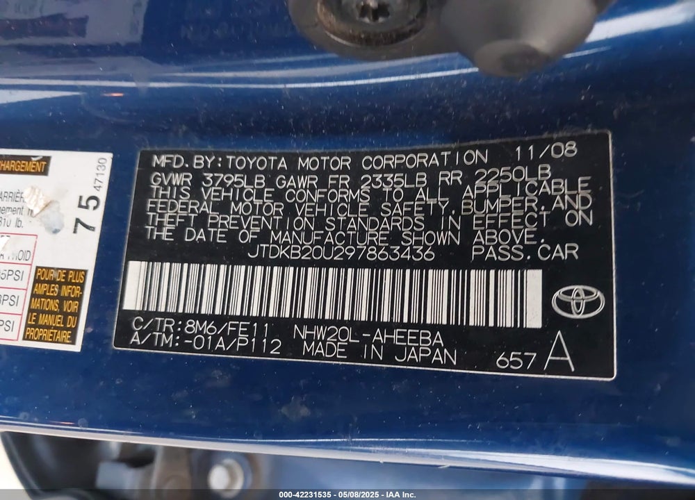 2009 TOYOTA PRIUS VIN: JTDKB20U297863436