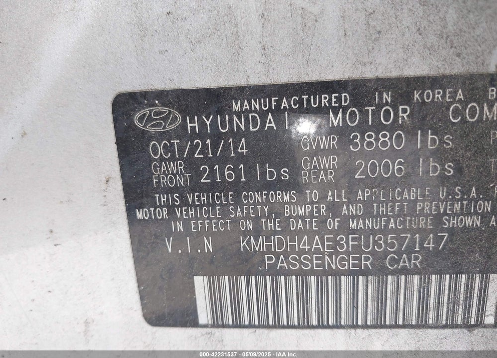 2015 HYUNDAI ELANTRA VIN: KMHDH4AE3FU357147