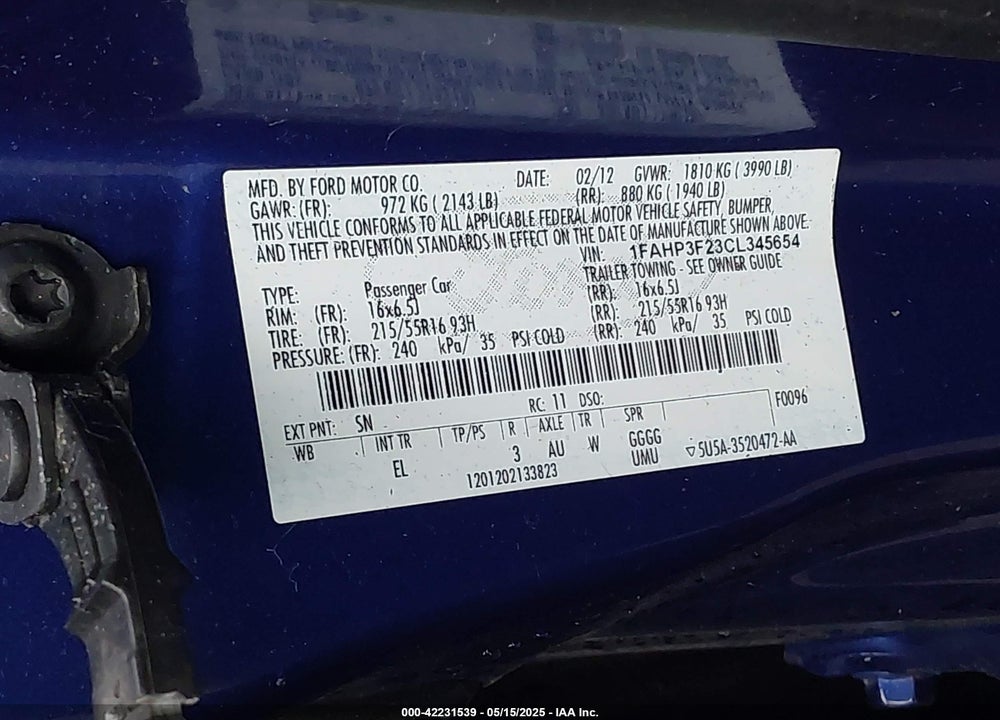 2012 FORD FOCUS VIN: 1FAHP3F23CL345654