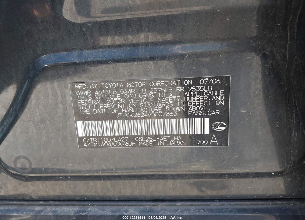 2006 LEXUS IS VIN: JTHCK262465007863