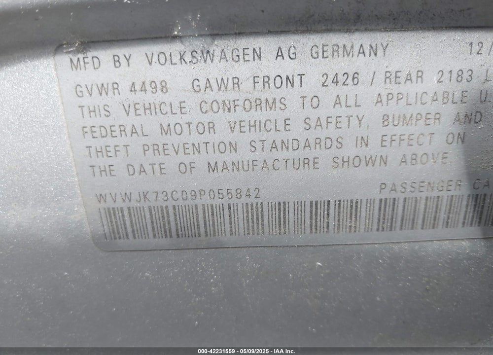 2009 VOLKSWAGEN PASSAT VIN: WVWJK73C09P055842
