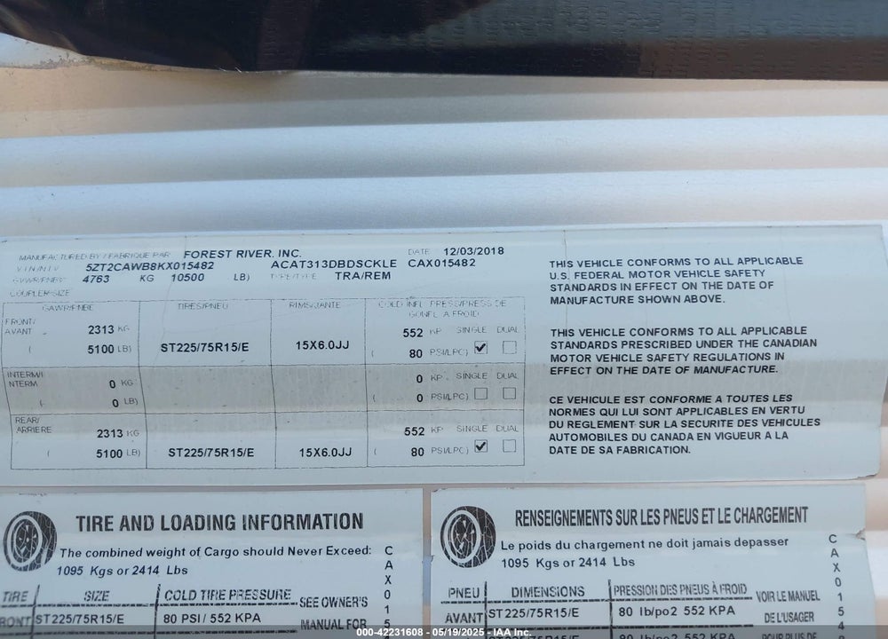2019 COACHMEN CATALINA VIN: 5ZT2CAWB8KX015482