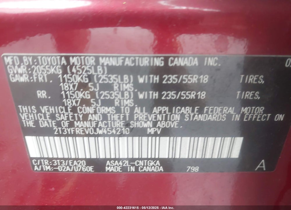 2018 TOYOTA RAV4 VIN: 2T3YFREV0JW454210