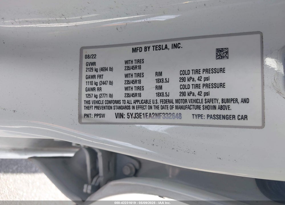 2022 TESLA MODEL 3 REAR-WHEEL DRIVE VIN: 5YJ3E1EA2NF332648