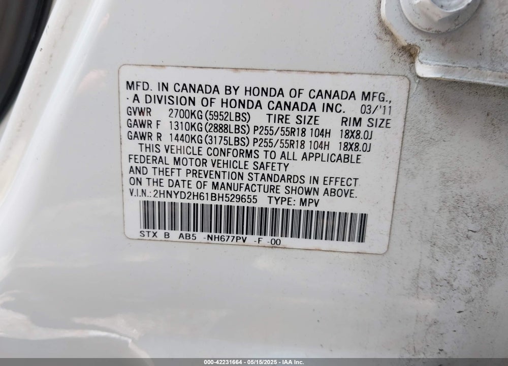 2011 ACURA MDX VIN: 2HNYD2H61BH529655