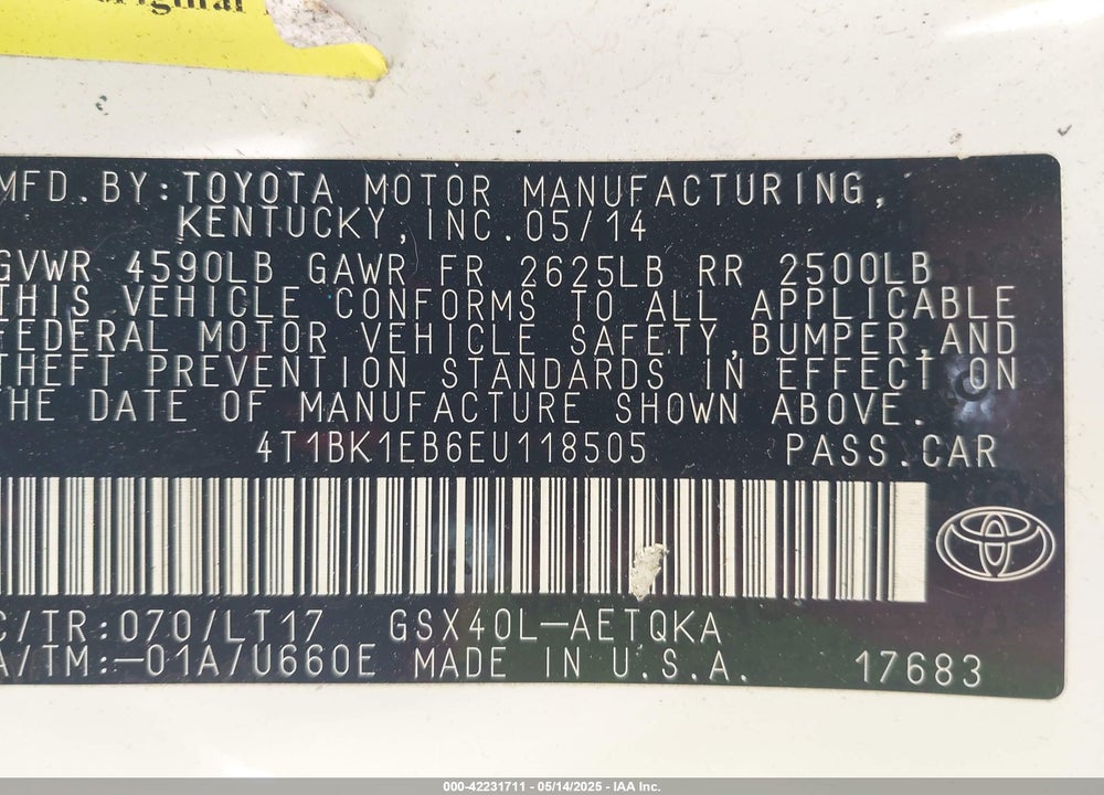 2014 TOYOTA AVALON XLE TOURING VIN: 4T1BK1EB6EU118505