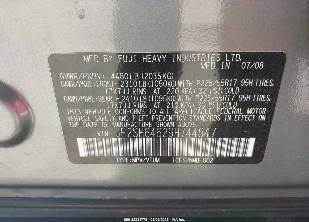 2009 SUBARU FORESTER 2.5X LIMITED VIN: JF2SH64629H744847