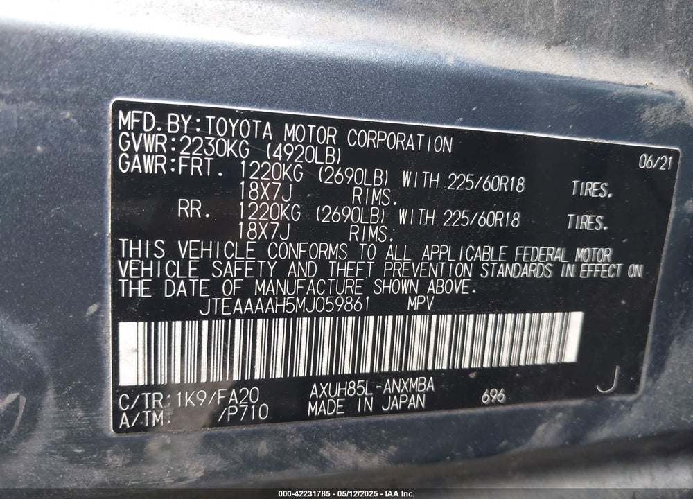 2021 TOYOTA VENZA VIN: JTEAAAAH5MJ059861