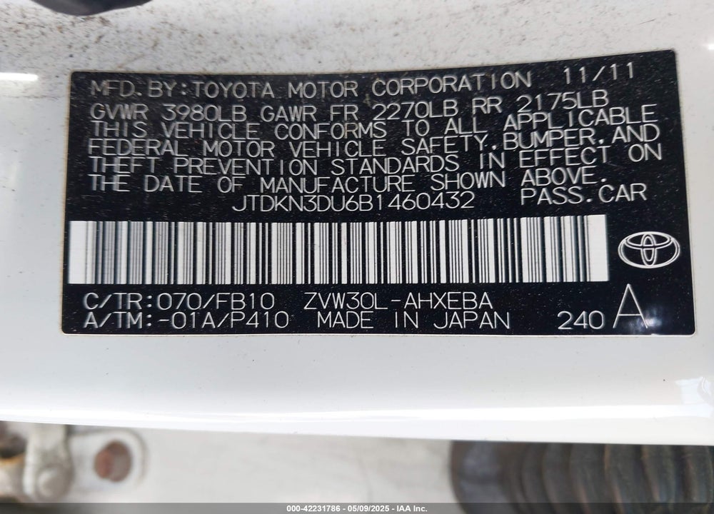 2011 TOYOTA PRIUS VIN: JTDKN3DU6B1460432
