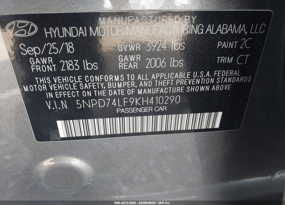 2019 HYUNDAI ELANTRA VIN: 5NPD74LF9KH410290