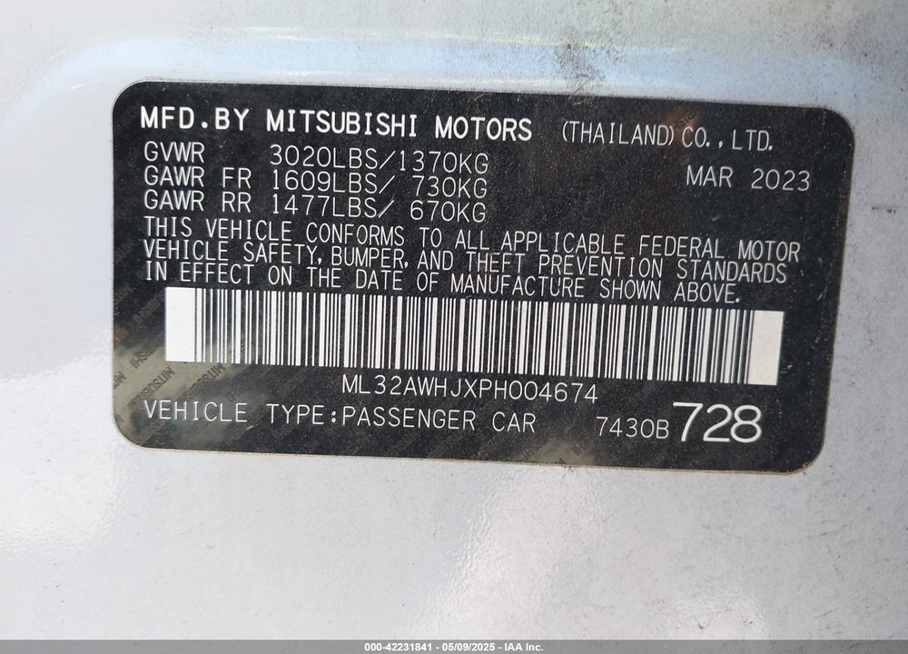 2023 MITSUBISHI MIRAGE VIN: ML32AWHJXPH004674
