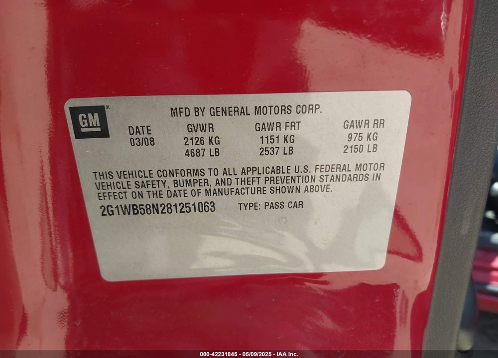 2008 CHEVROLET IMPALA LS VIN: 2G1WB58N281251063