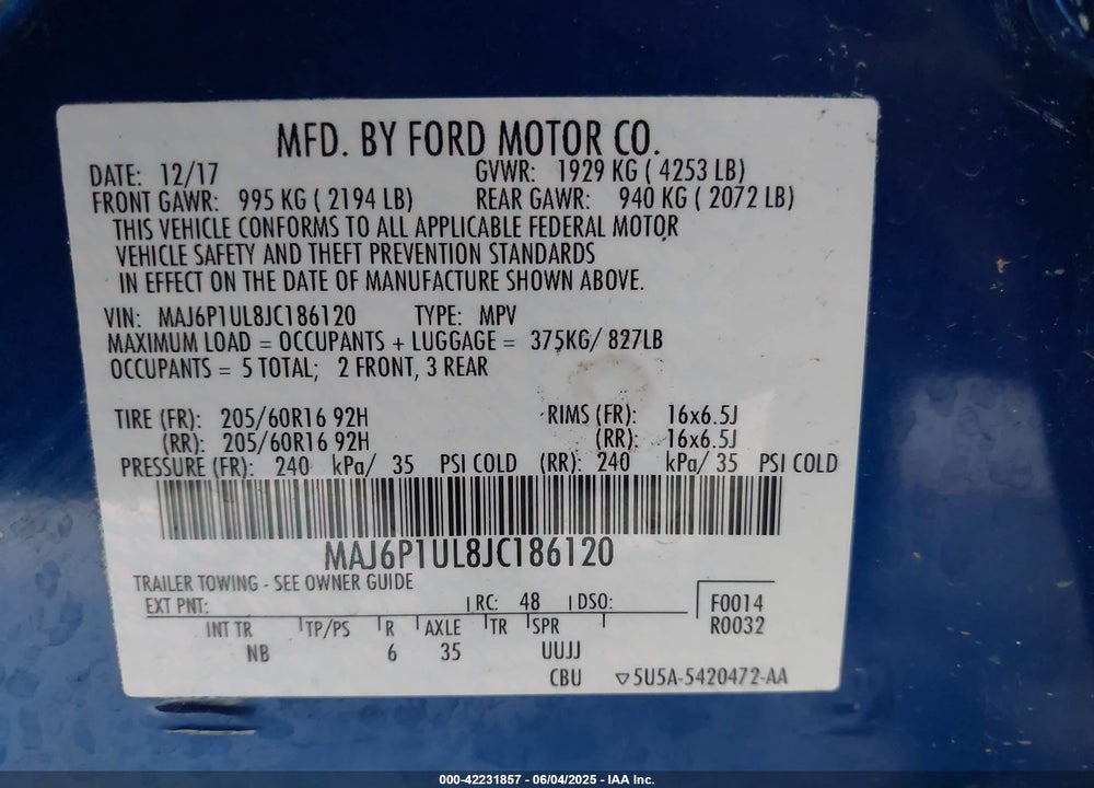 2018 FORD ECOSPORT VIN: MAJ6P1UL8JC186120