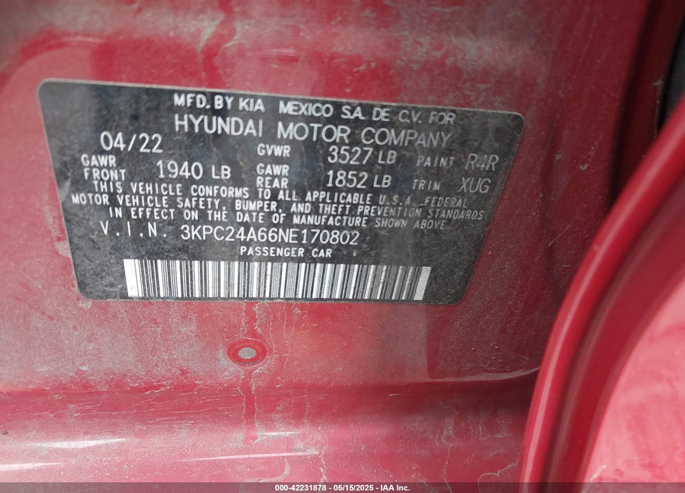 2022 HYUNDAI ACCENT VIN: 3KPC24A66NE170802