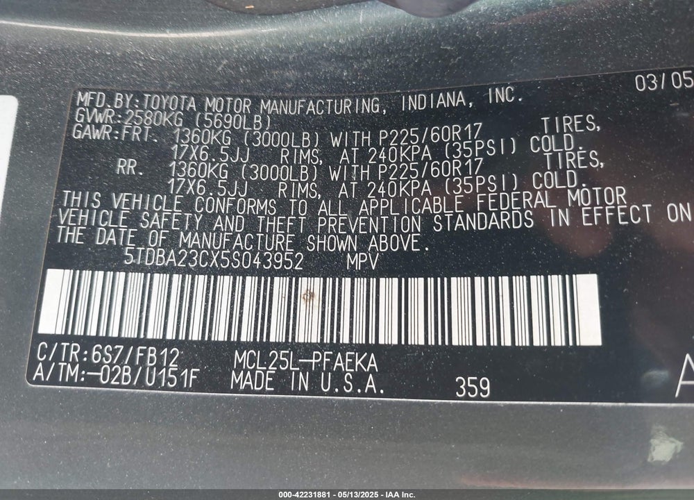 2005 TOYOTA SIENNA LE VIN: 5TDBA23CX5S043952