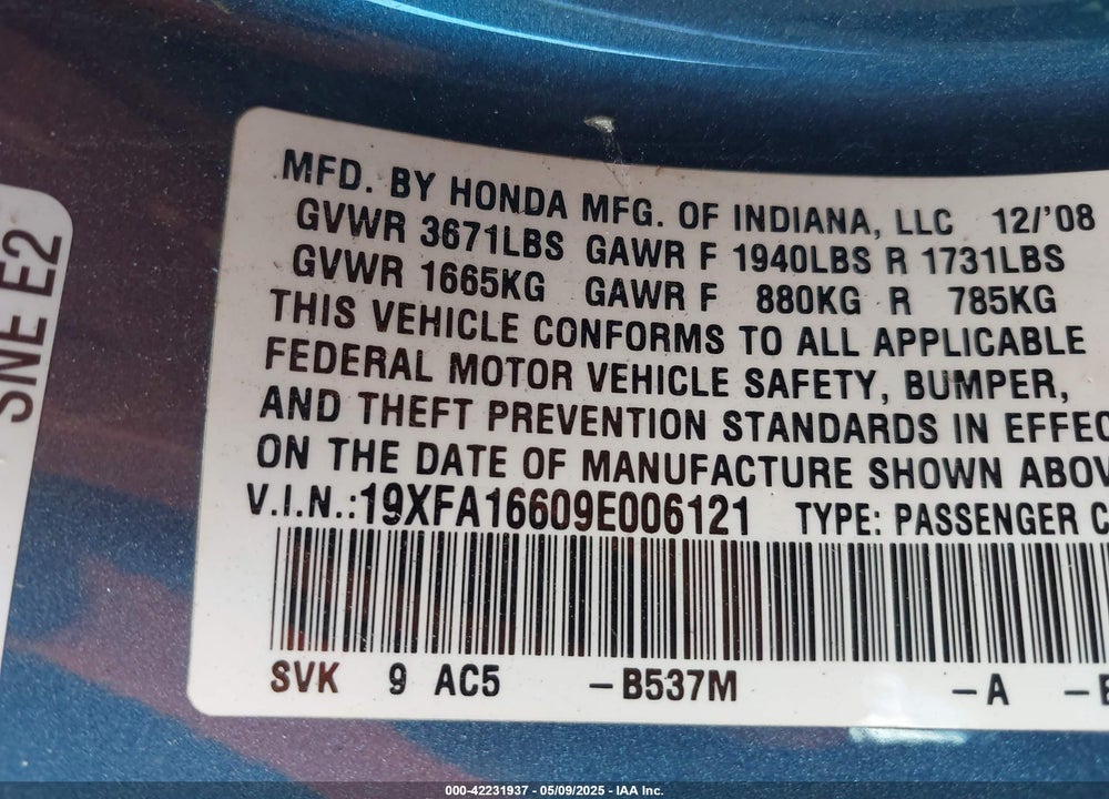 2009 HONDA CIVIC LX-S VIN: 19XFA16609E006121