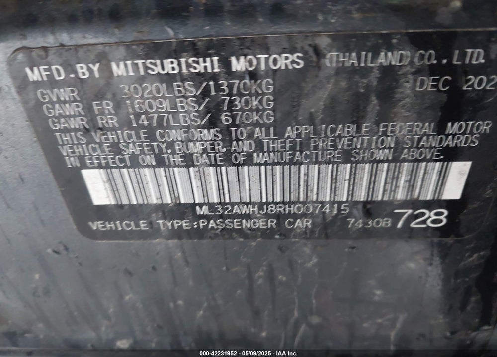 2024 MITSUBISHI MIRAGE VIN: ML32AWHJ8RH007415