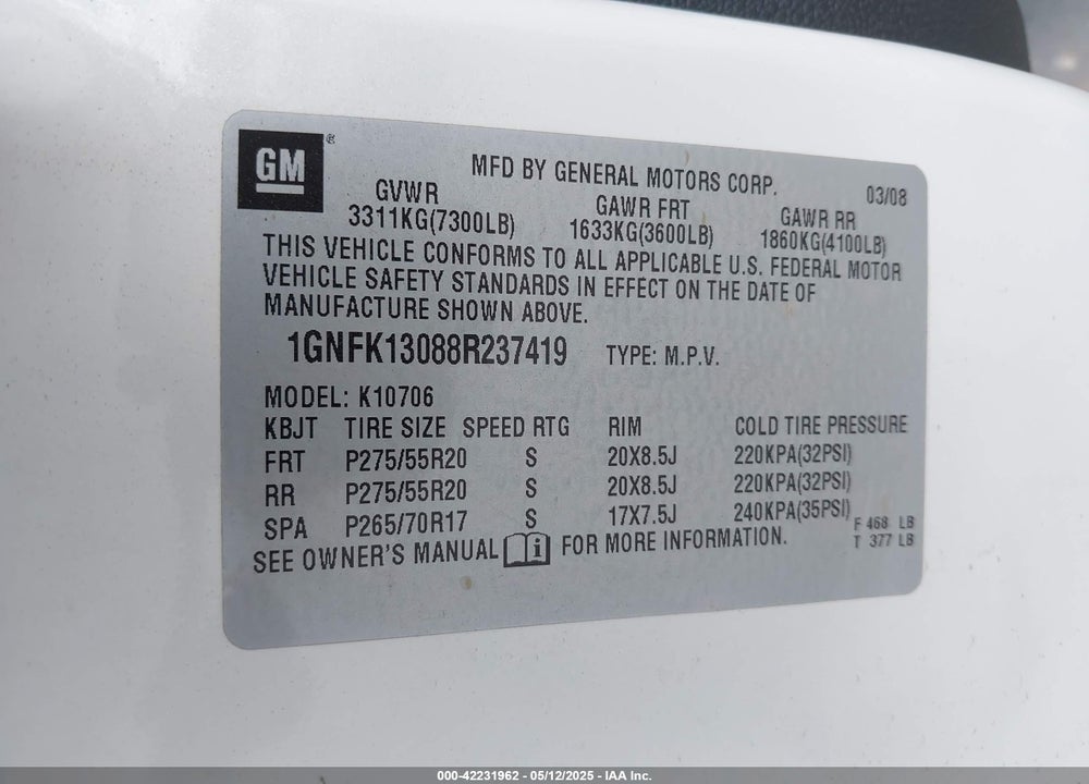 2008 CHEVROLET TAHOE LTZ VIN: 1GNFK13088R237419