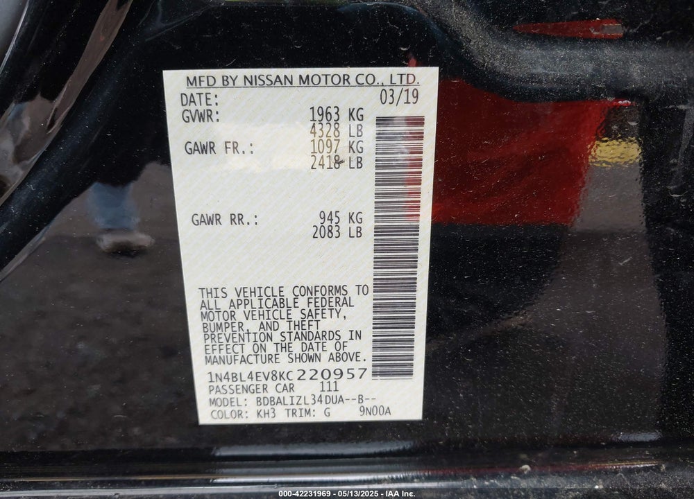 2019 NISSAN ALTIMA 2.5 SL VIN: 1N4BL4EV8KC220957