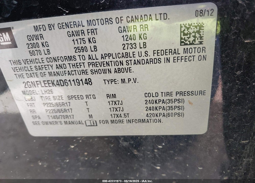 2013 CHEVROLET EQUINOX VIN: 2GNFLEEK4D6119148