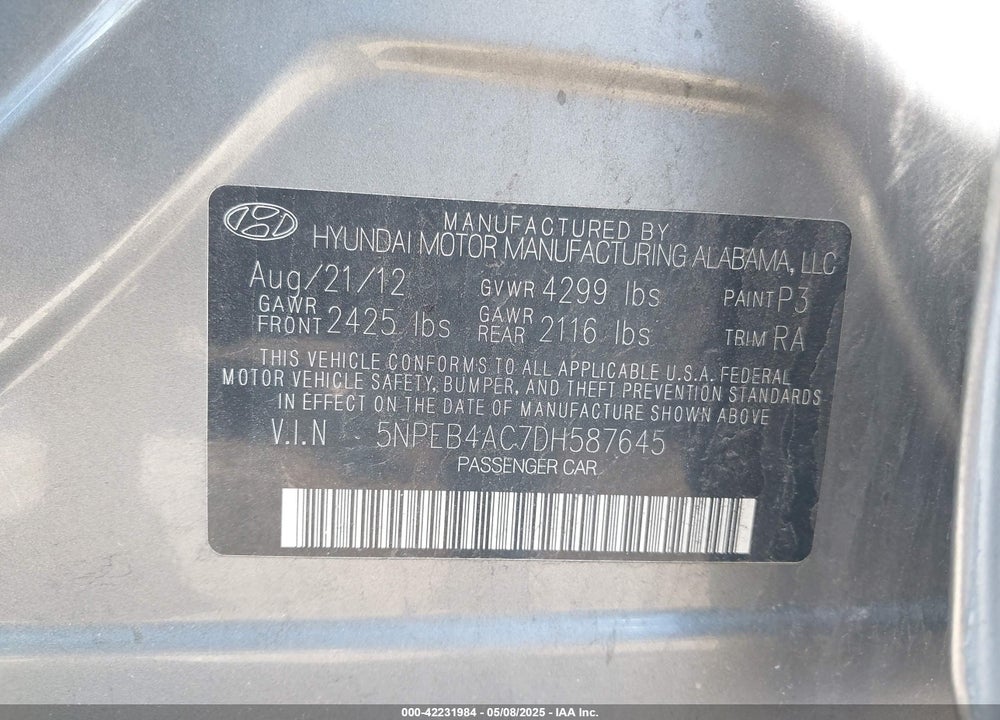 2013 HYUNDAI SONATA VIN: 5NPEB4AC7DH587645