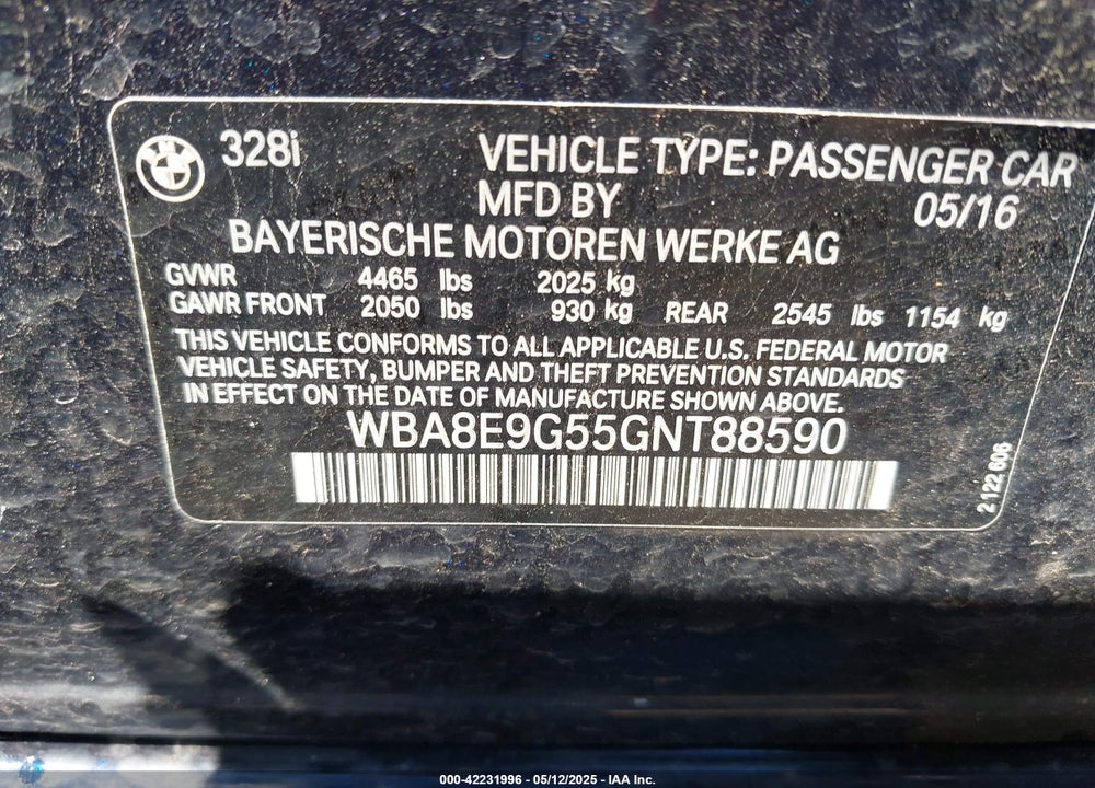 2016 BMW 328I VIN: WBA8E9G55GNT88590