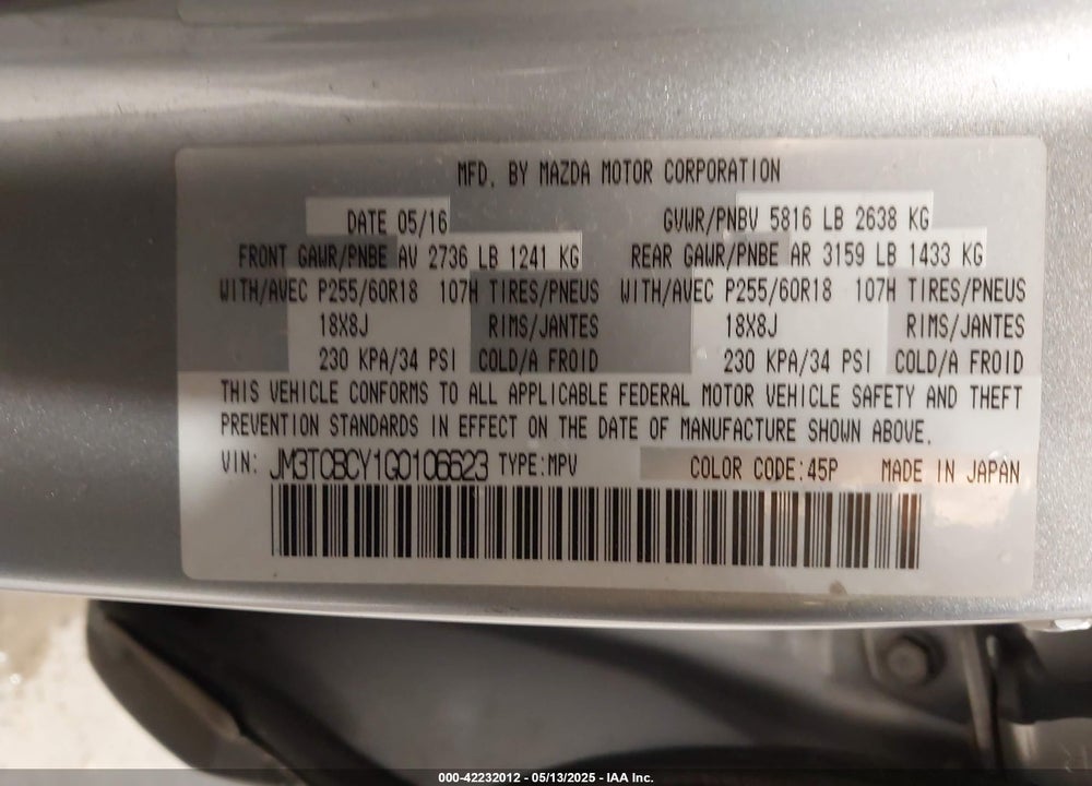 2016 MAZDA CX-9 TOURING VIN: JM3TCBCY1G0106623