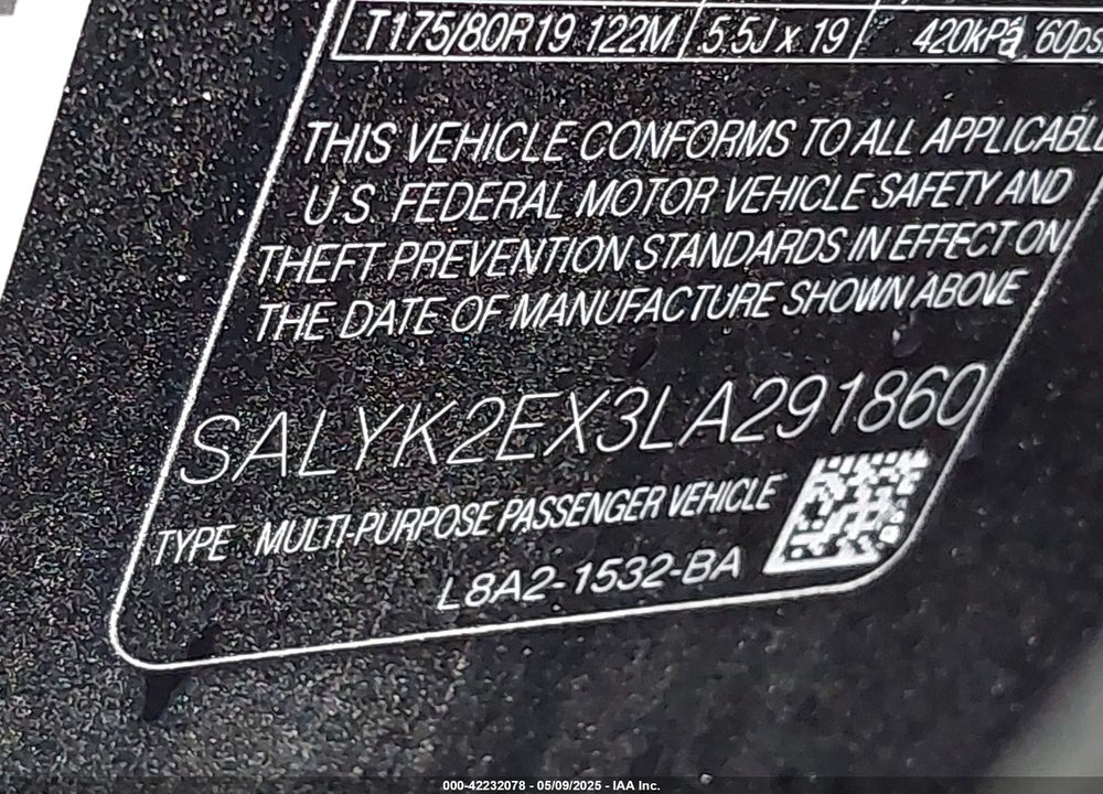 2020 LAND ROVER RANGE ROVER VELAR VIN: SALYK2EX3LA291860