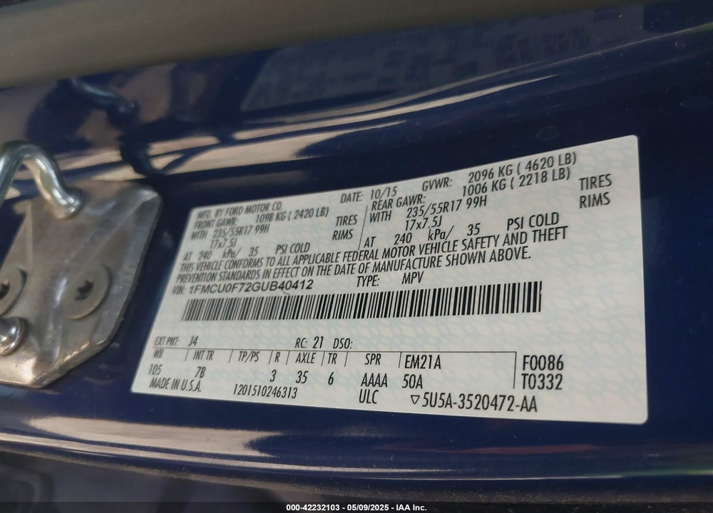 2016 FORD ESCAPE VIN: 1FMCU0F72GUB40412