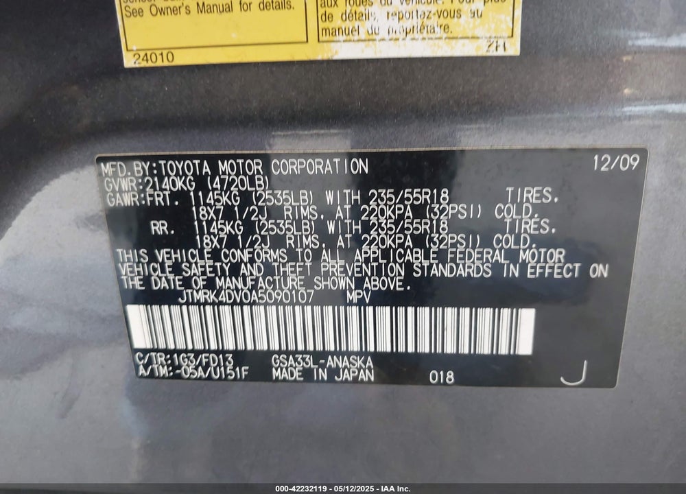 2010 TOYOTA RAV4 SPORT V6 VIN: JTMRK4DV0A5090107
