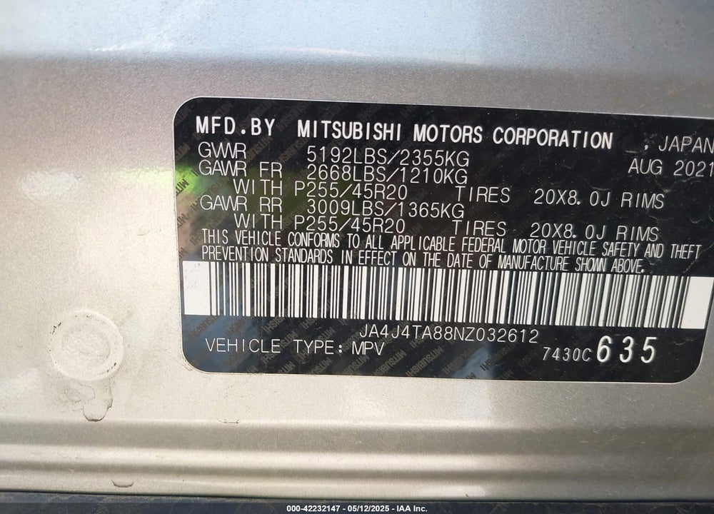 2022 MITSUBISHI OUTLANDER ES 2.5 S-AWC VIN: JA4J4TA88NZ032612