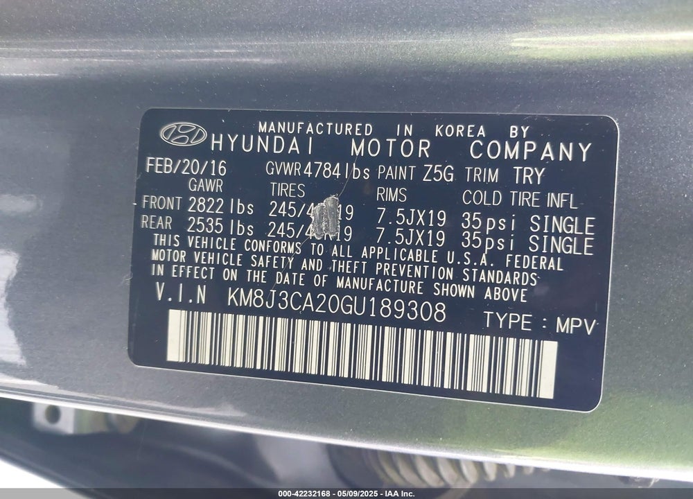 2016 HYUNDAI TUCSON VIN: KM8J3CA20GU189308