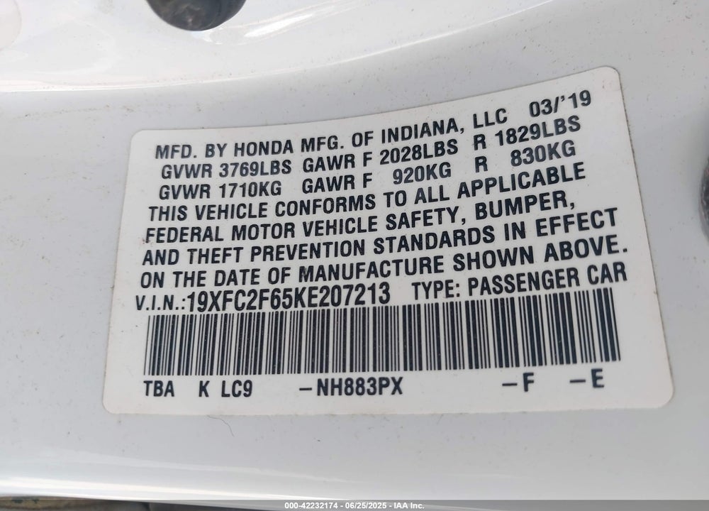 2019 HONDA CIVIC VIN: 19XFC2F65KE207213