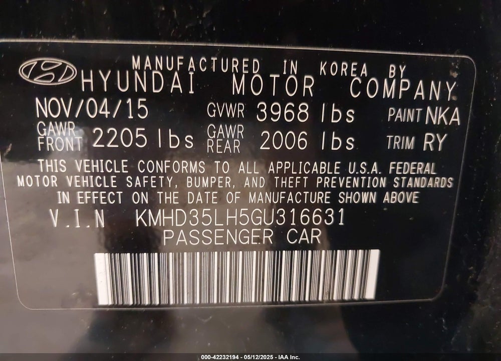 2016 HYUNDAI ELANTRA GT VIN: KMHD35LH5GU316631