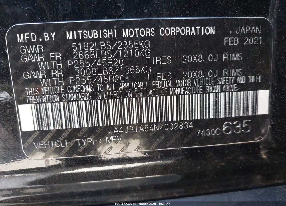 2022 MITSUBISHI OUTLANDER VIN: JA4J3TA84NZ002834