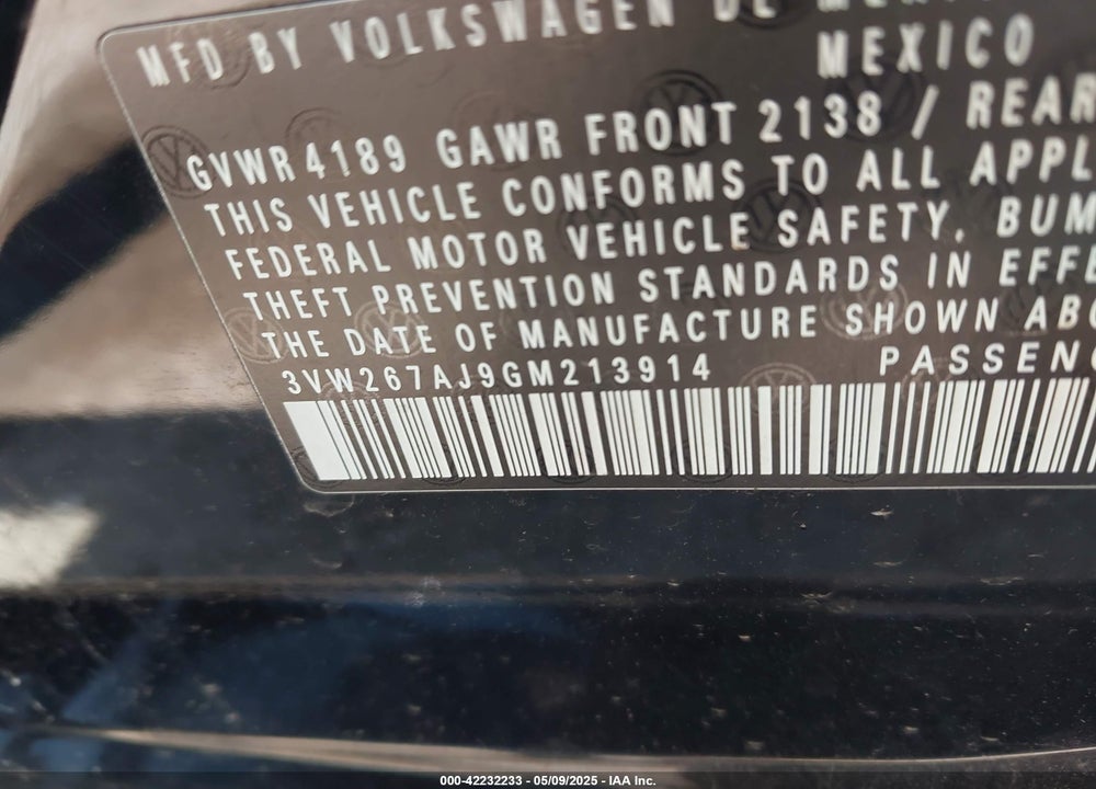 2016 VOLKSWAGEN JETTA 1.4T S VIN: 3VW267AJ9GM213914