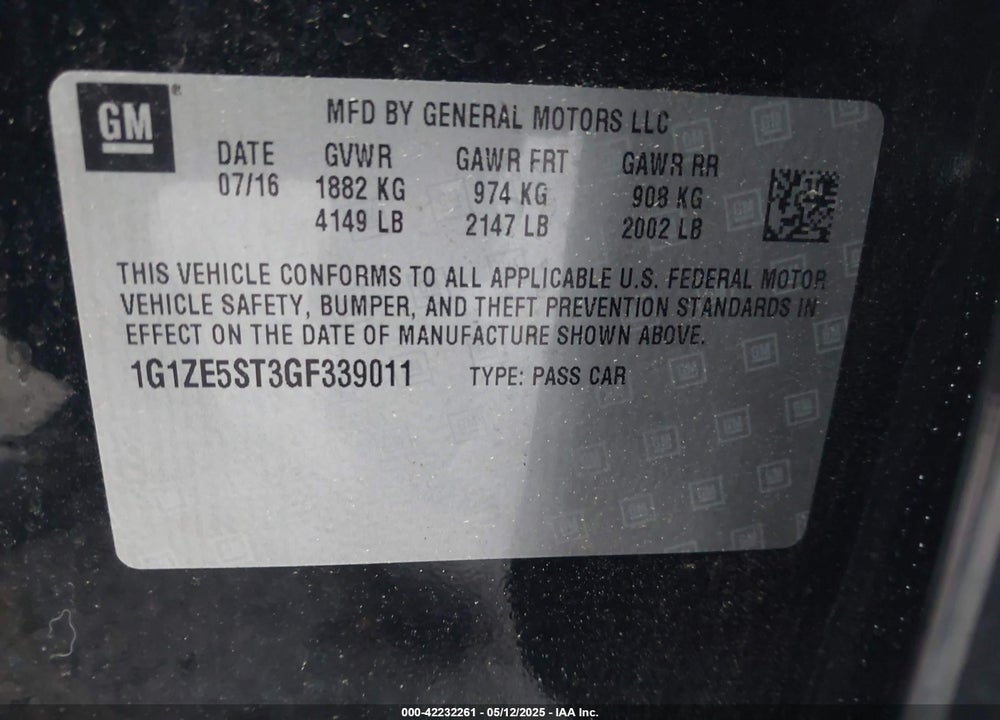 2016 CHEVROLET MALIBU 1LT VIN: 1G1ZE5ST3GF339011