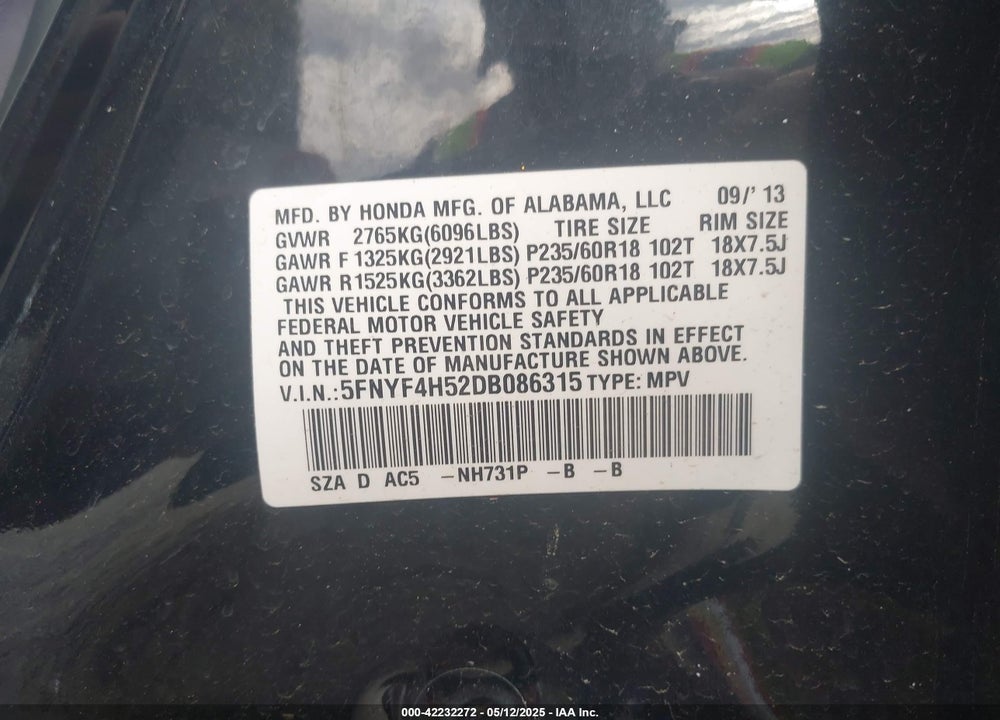 2013 HONDA PILOT VIN: 5FNYF4H52DB086315