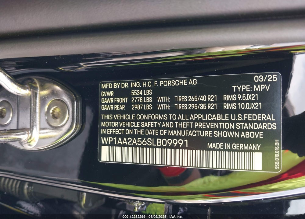 2025 PORSCHE MACAN T VIN: WP1AA2A56SLB09991