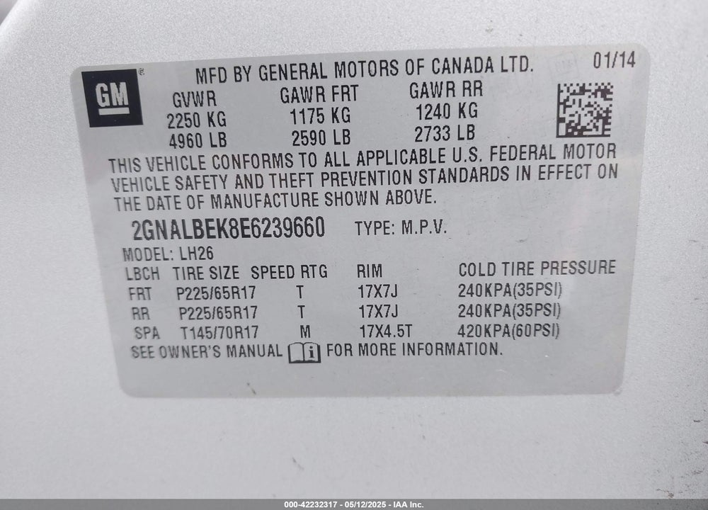 2014 CHEVROLET EQUINOX 1LT VIN: 2GNALBEK8E6239660