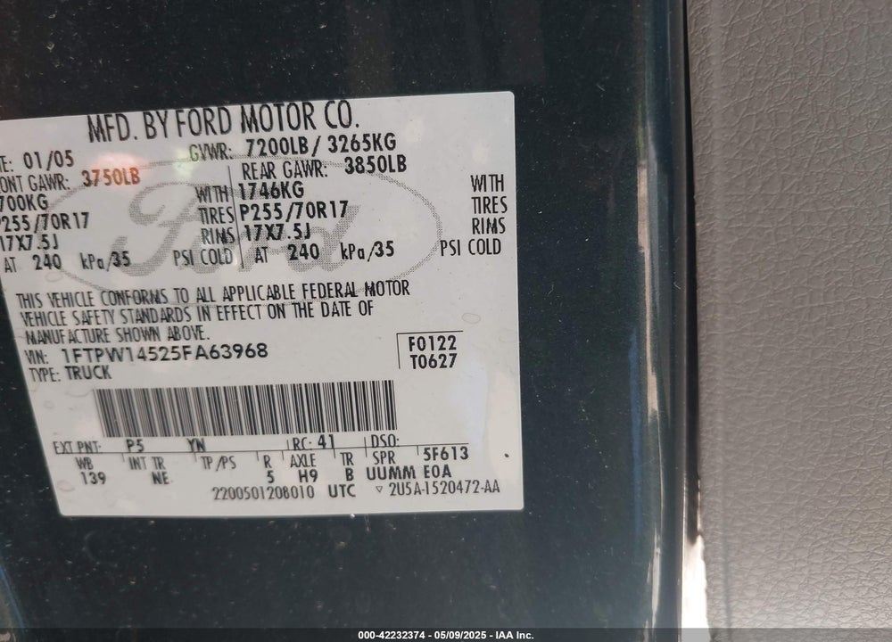 2005 FORD F-150 FX4/LARIAT/XLT VIN: 1FTPW14525FA63968