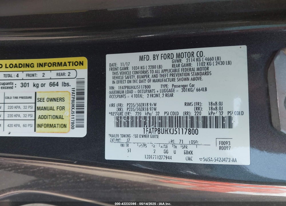 2018 FORD MUSTANG ECOBOOST PREMIUM VIN: 1FATP8UHXJ5117800